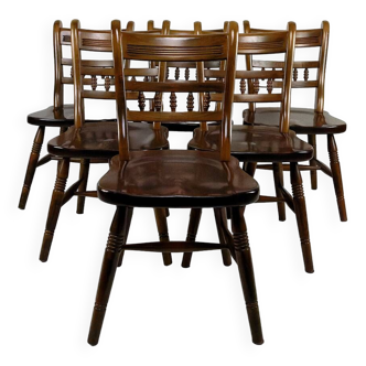Lot de 6 chaises "Windsor" / Western / Cowboy en hêtre, Circa 1970