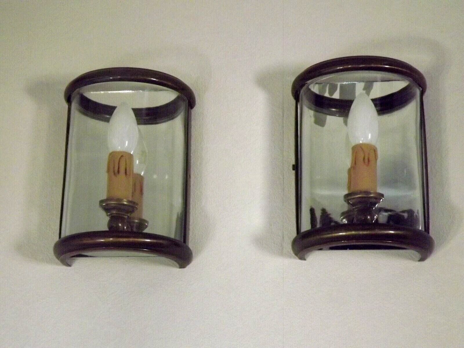 Pair french country brass & curved glass wall lights mirrored back plate 3965