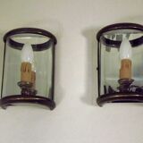Pair french country brass & curved glass wall lights mirrored back plate 3965