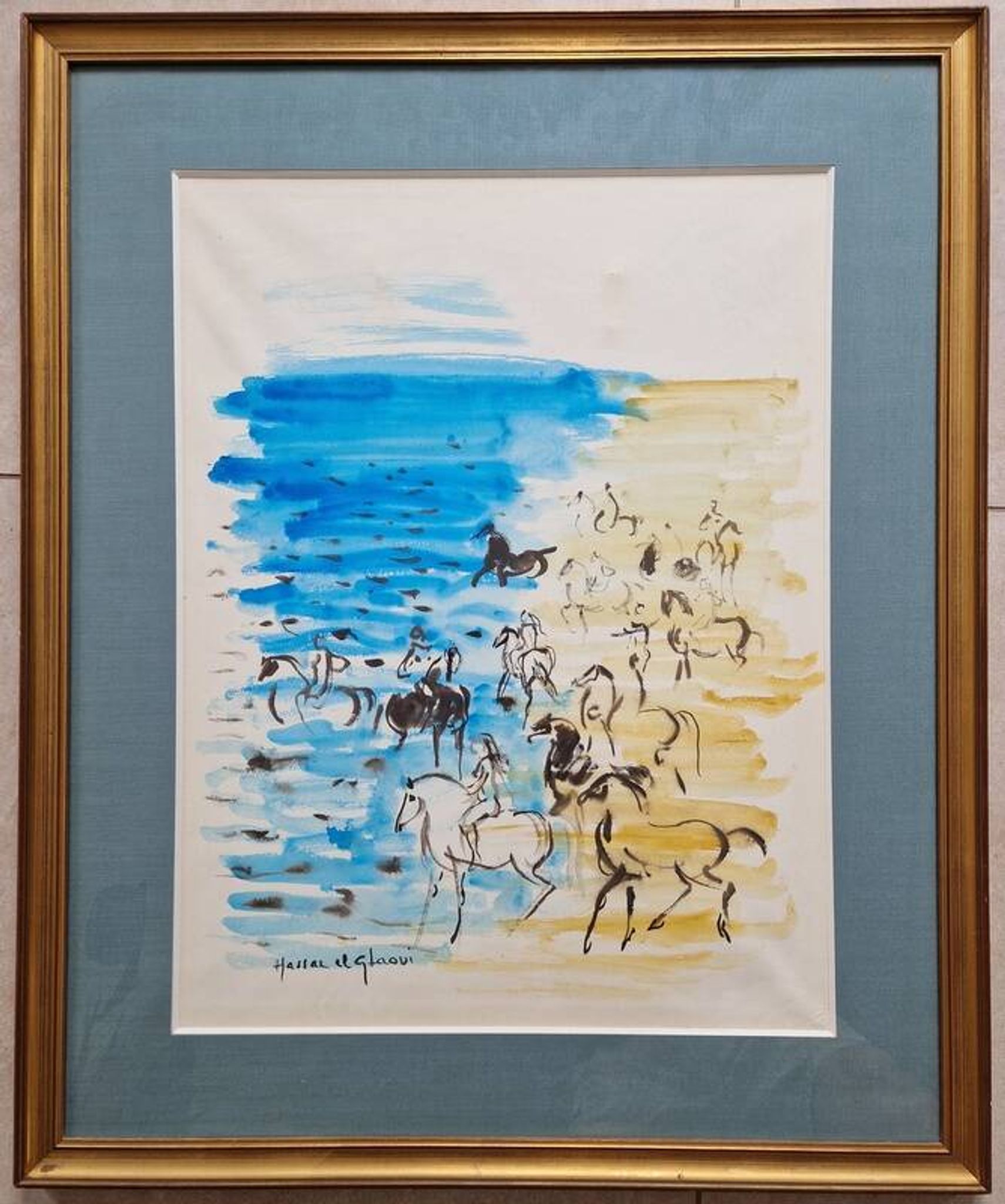 Hassan El Glaoui (1924-2018) - Watercolor on paper "Riders on the beach" - Signed