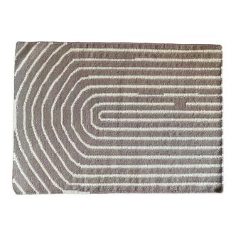 Tapis en laine fait main, rayé, géométrie, brun clair et beige, laine, Dhurrie, 90x61 cm