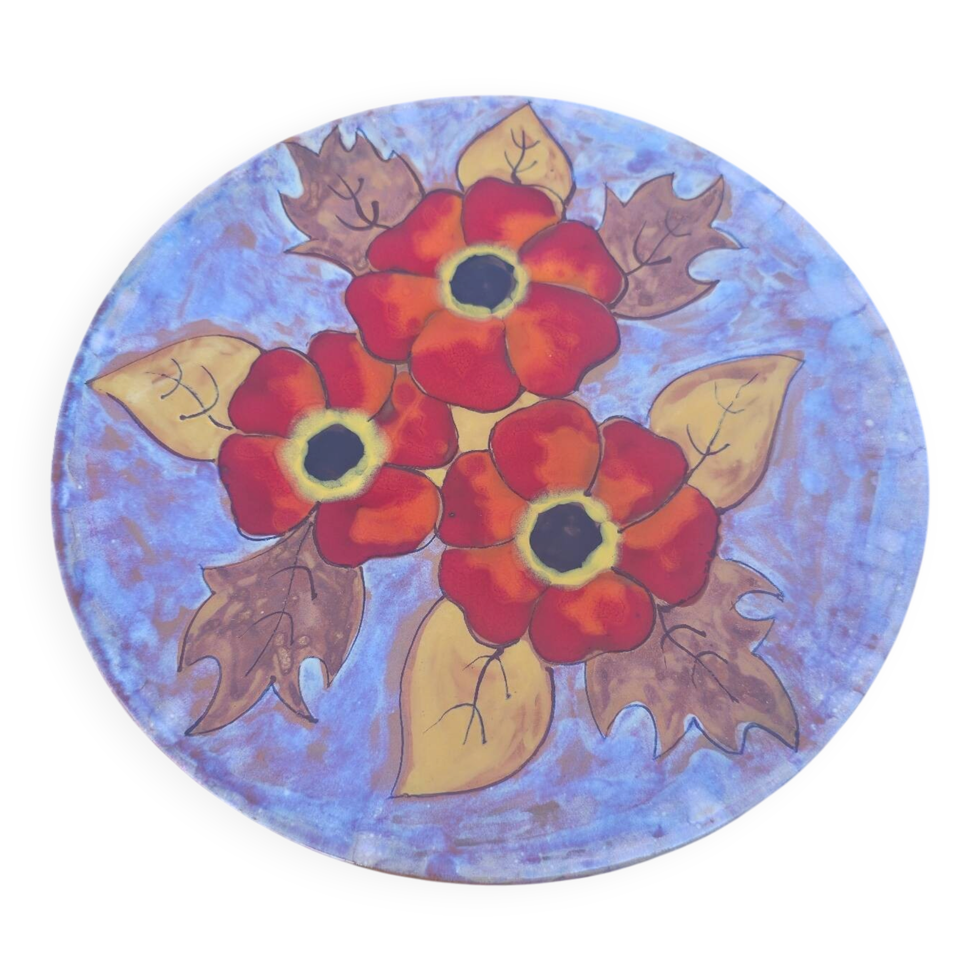 Vintage Vallauris Ceramic Large Plate 35 cm – M. Azema – Flowers Ro