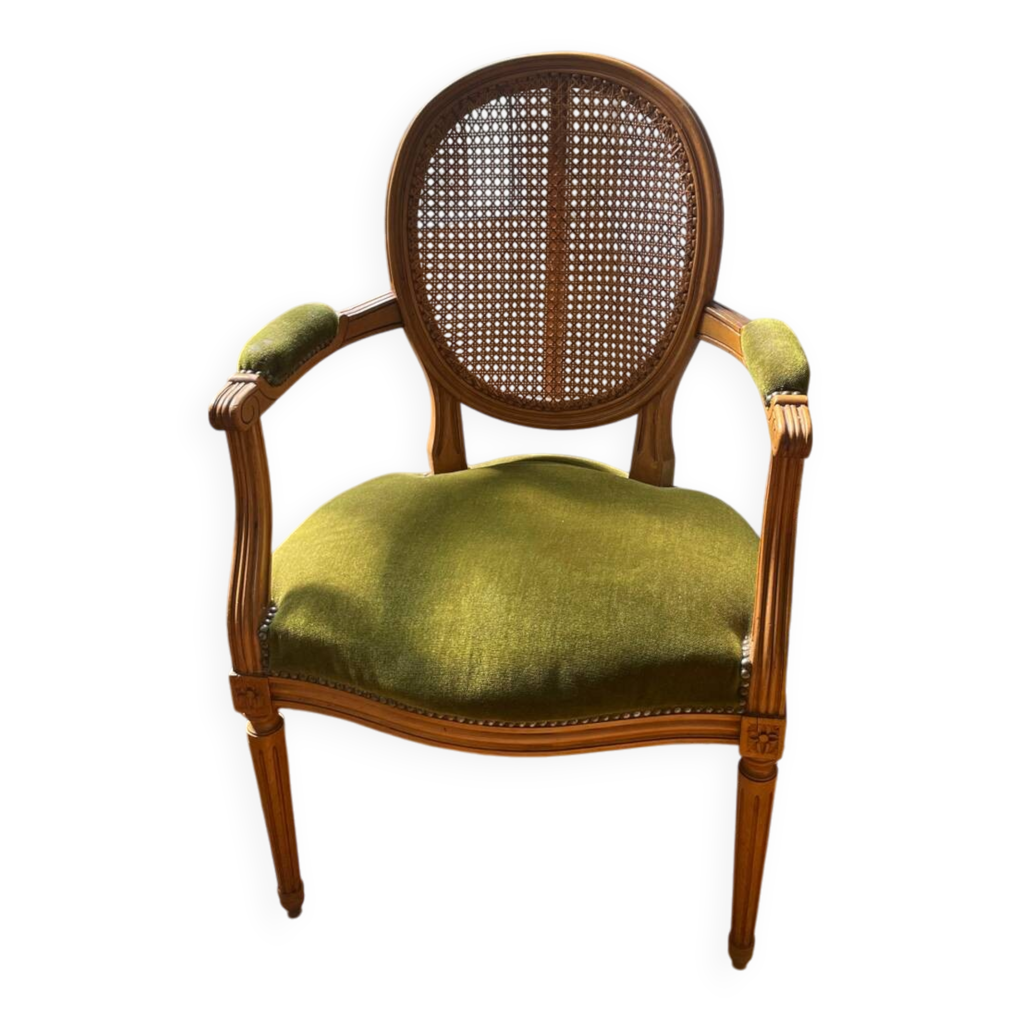 Louis XVI style armchair in velvet and rattan