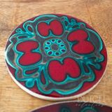 Vintage Jersey Pottery Coaster Set, 1970s Ceramics, Red & Aqua Blue Pattern