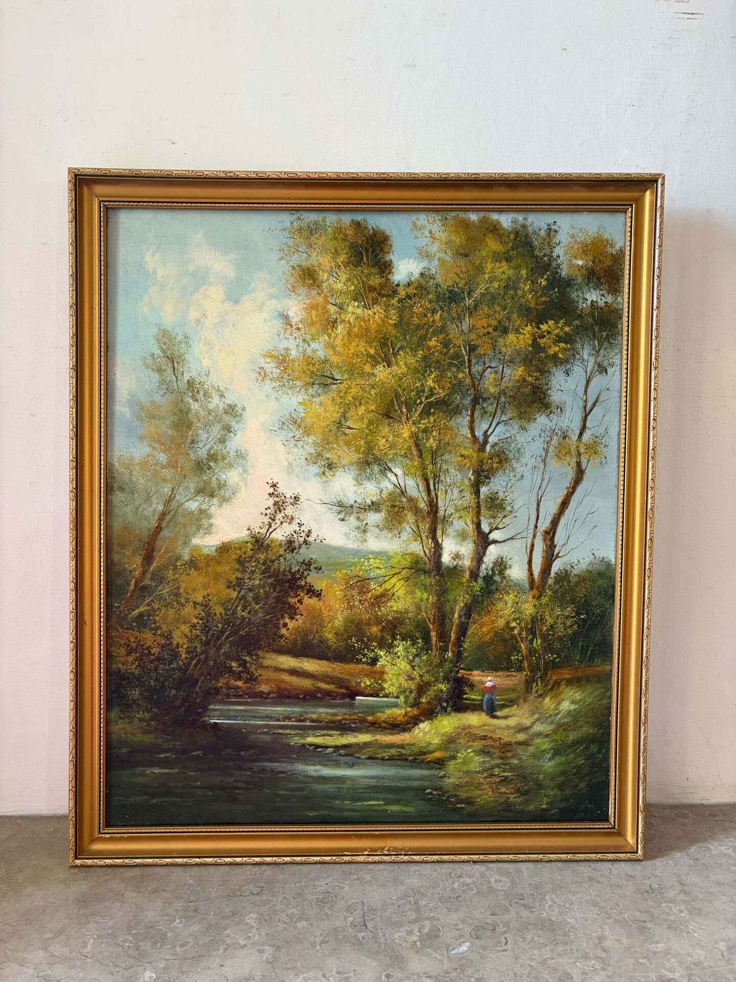 Balade au bord de la rivière, huile sur toile