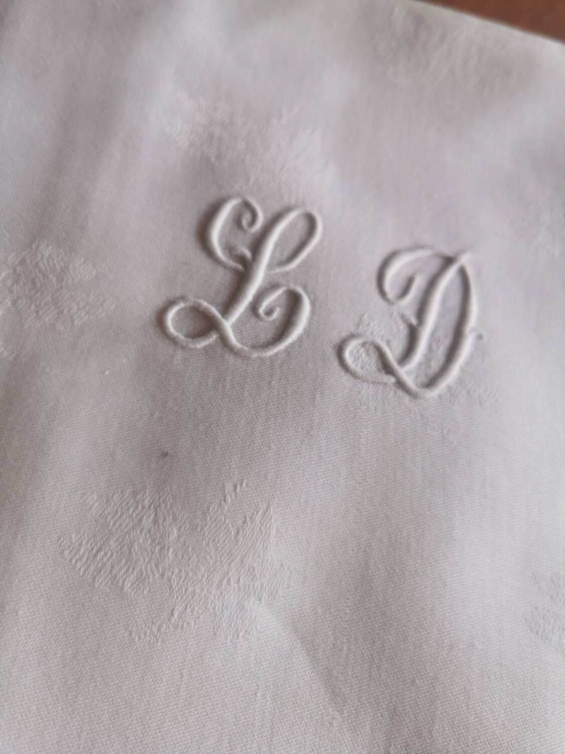 12 old damask linen towels monogrammed LD