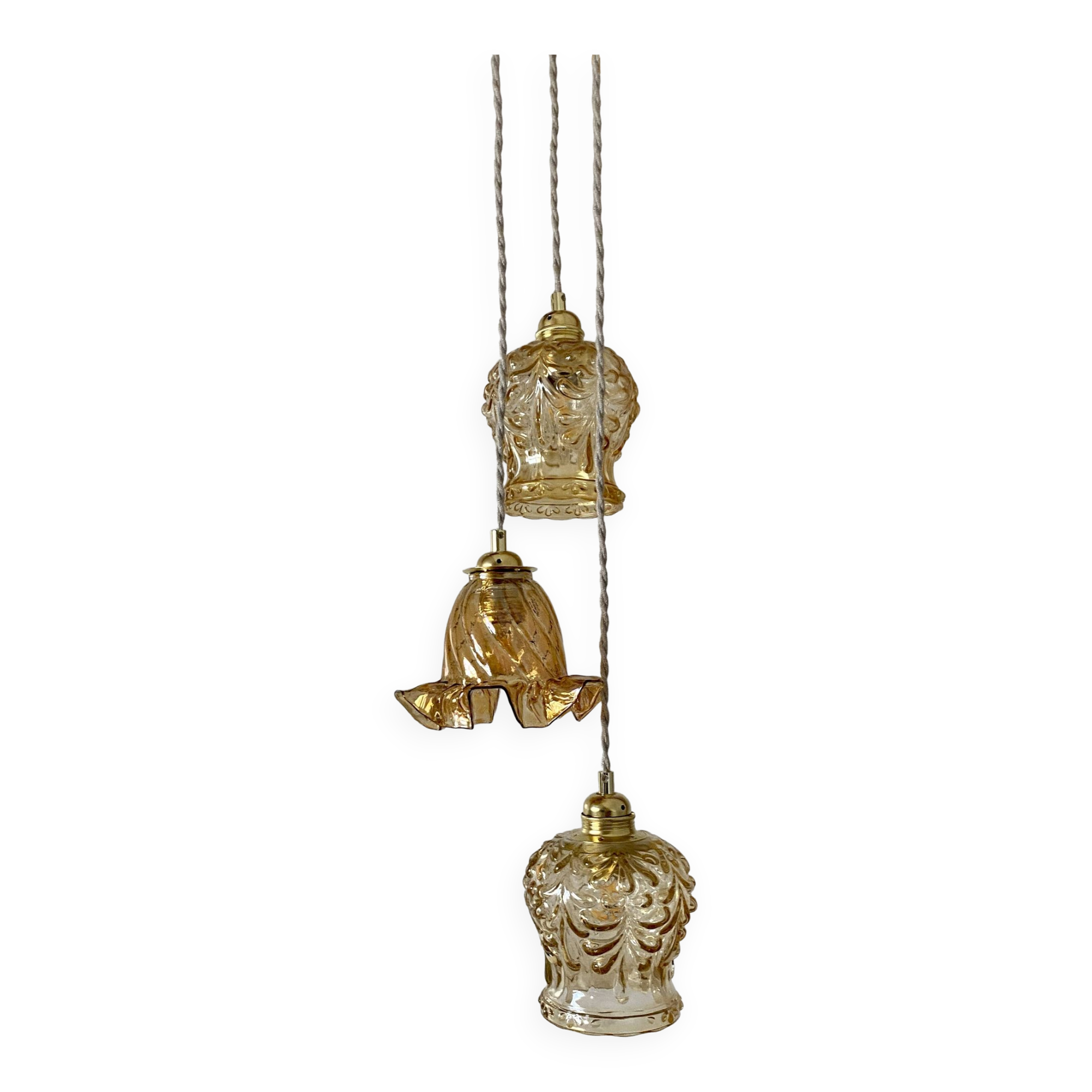 Vintage triple globe waterfall pendant light in amber glass