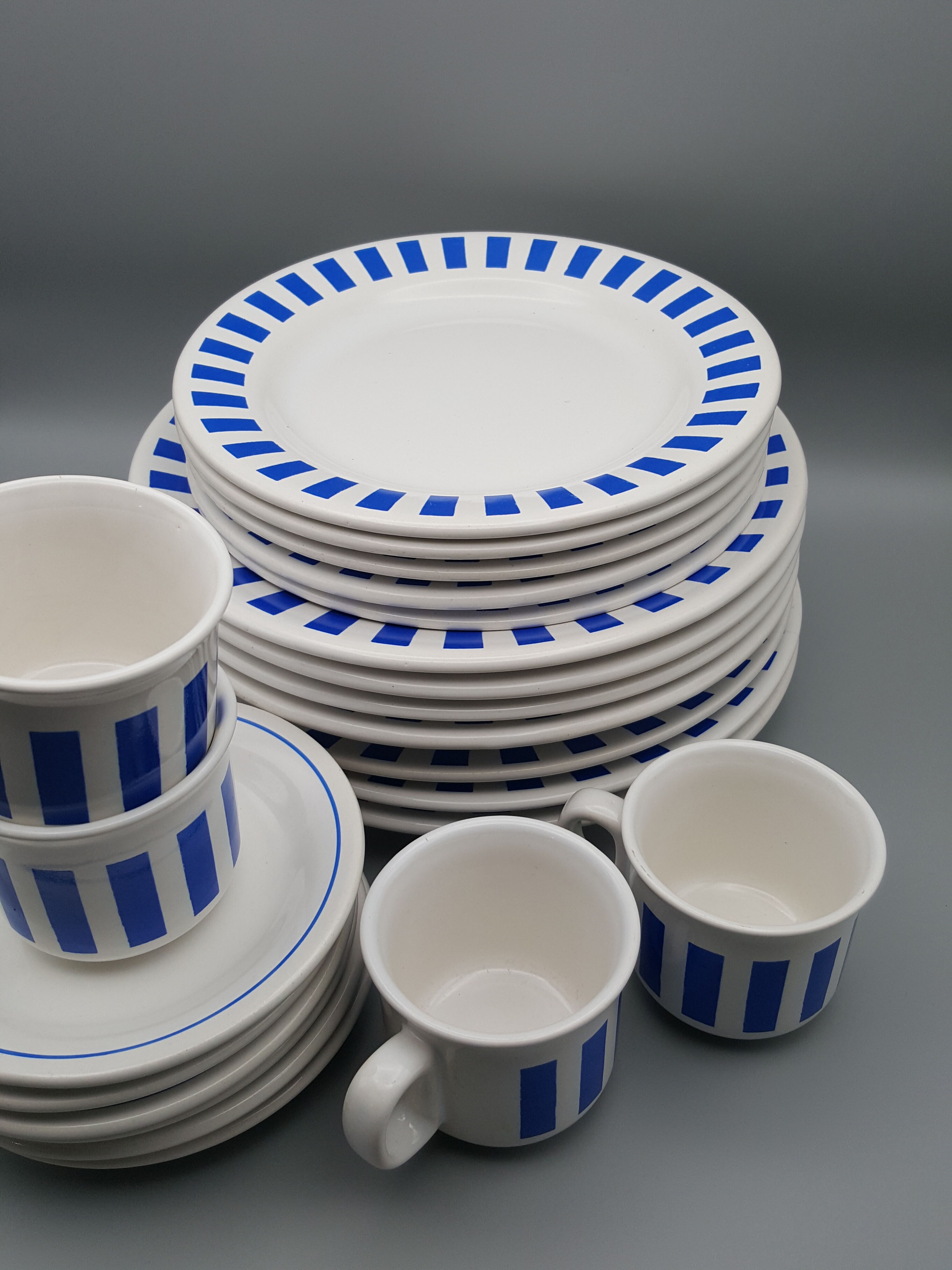 Plates saucers cups vintage white blue line hotesse ceramic