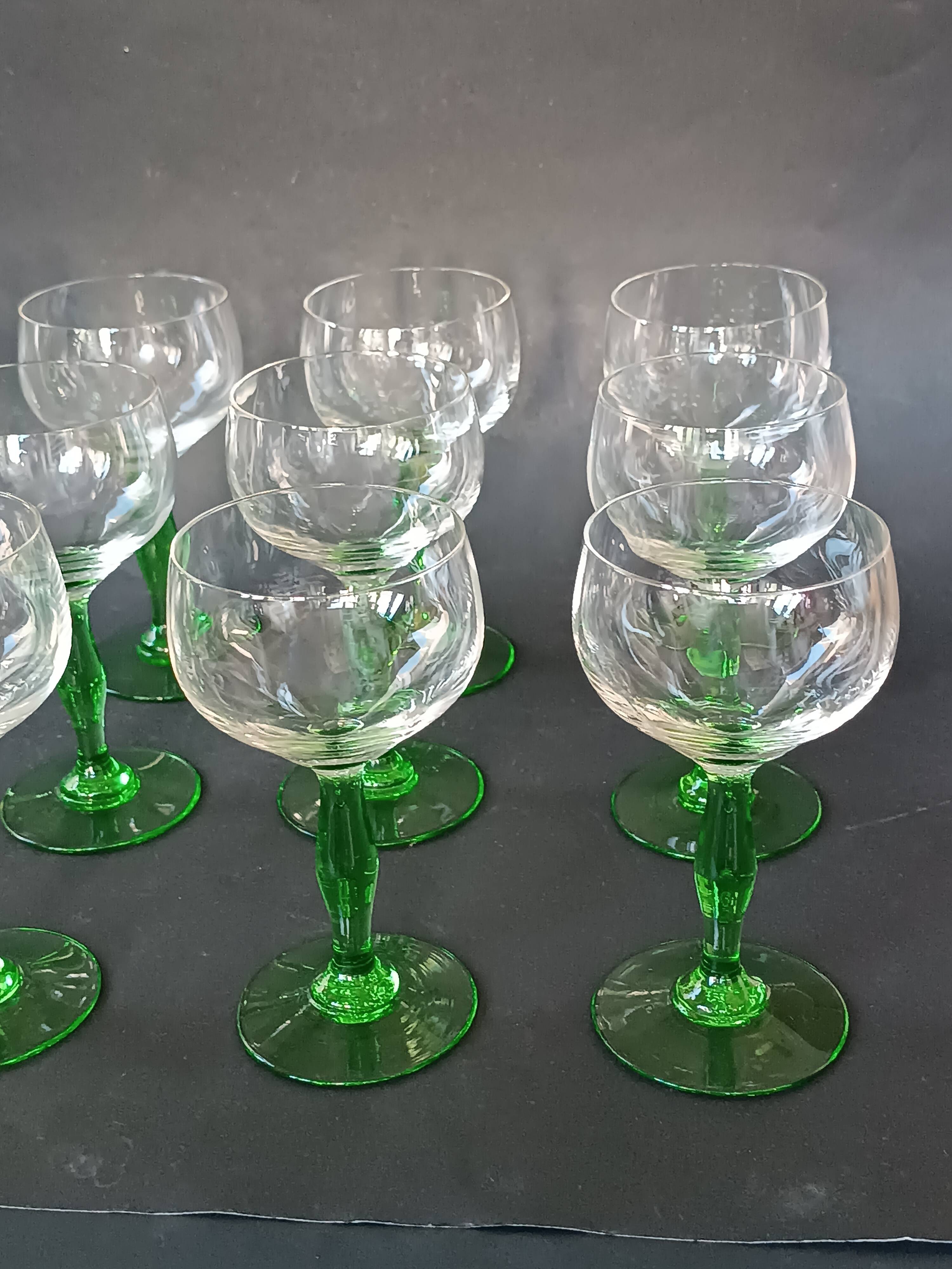 12 green footed wine glasses in opaline blown crystal 1900