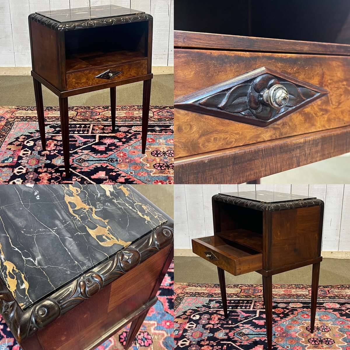 Art Deco bedside table in rosewood, walnut burl, and marble top.