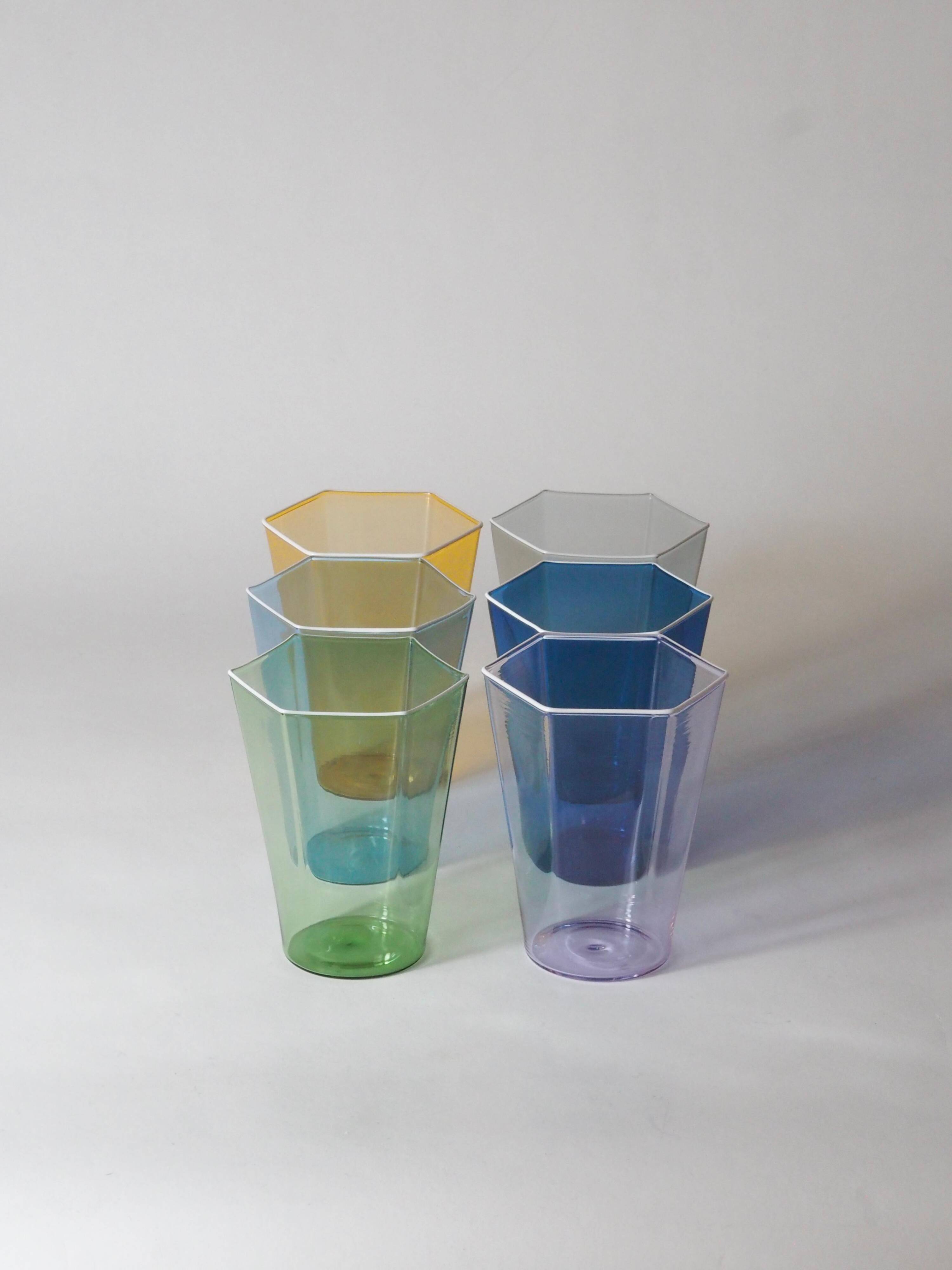 Set of six "Esagonali" glasses by Venini Murano, created by Carlo Scarpa.