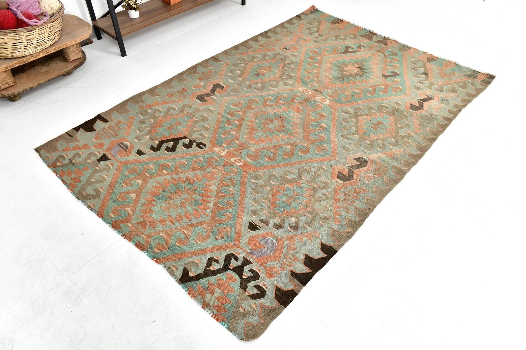 5x8 Blue & Brown Turkish Vintage Kilim Rug, 153x235Cm SK 35166