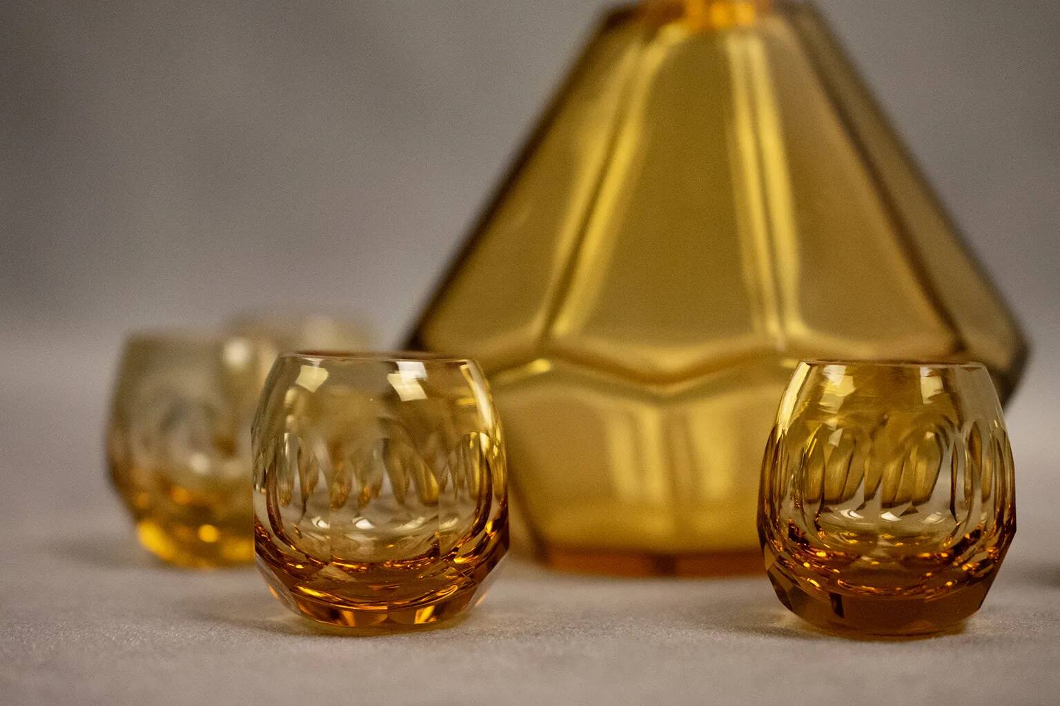 Art Deco Moser liqueur set in frosted orange glass