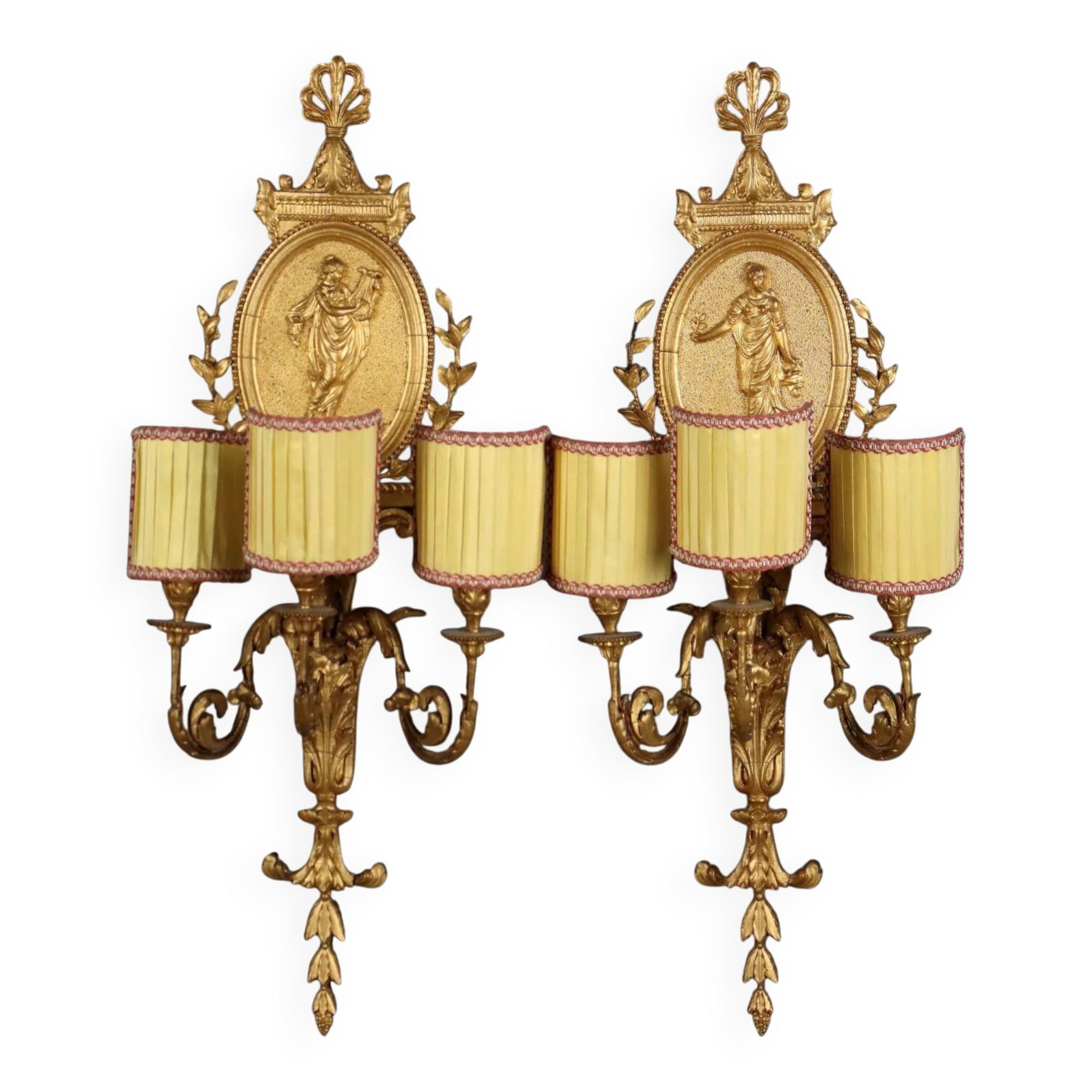 Antique neoclassical wall sconces in iron and wood, 19th century.
