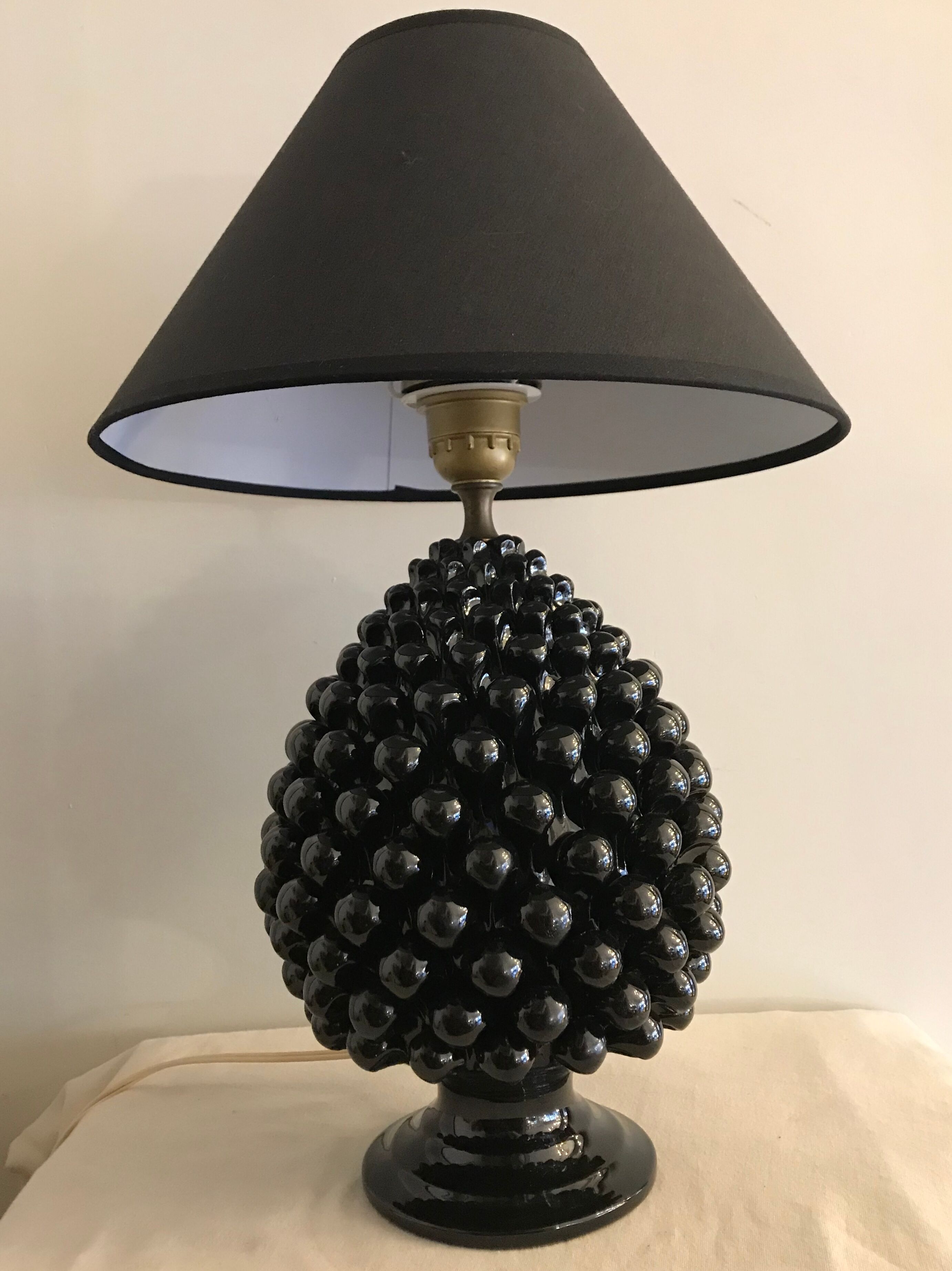 Black Italian ceramic pigna lamp 1970