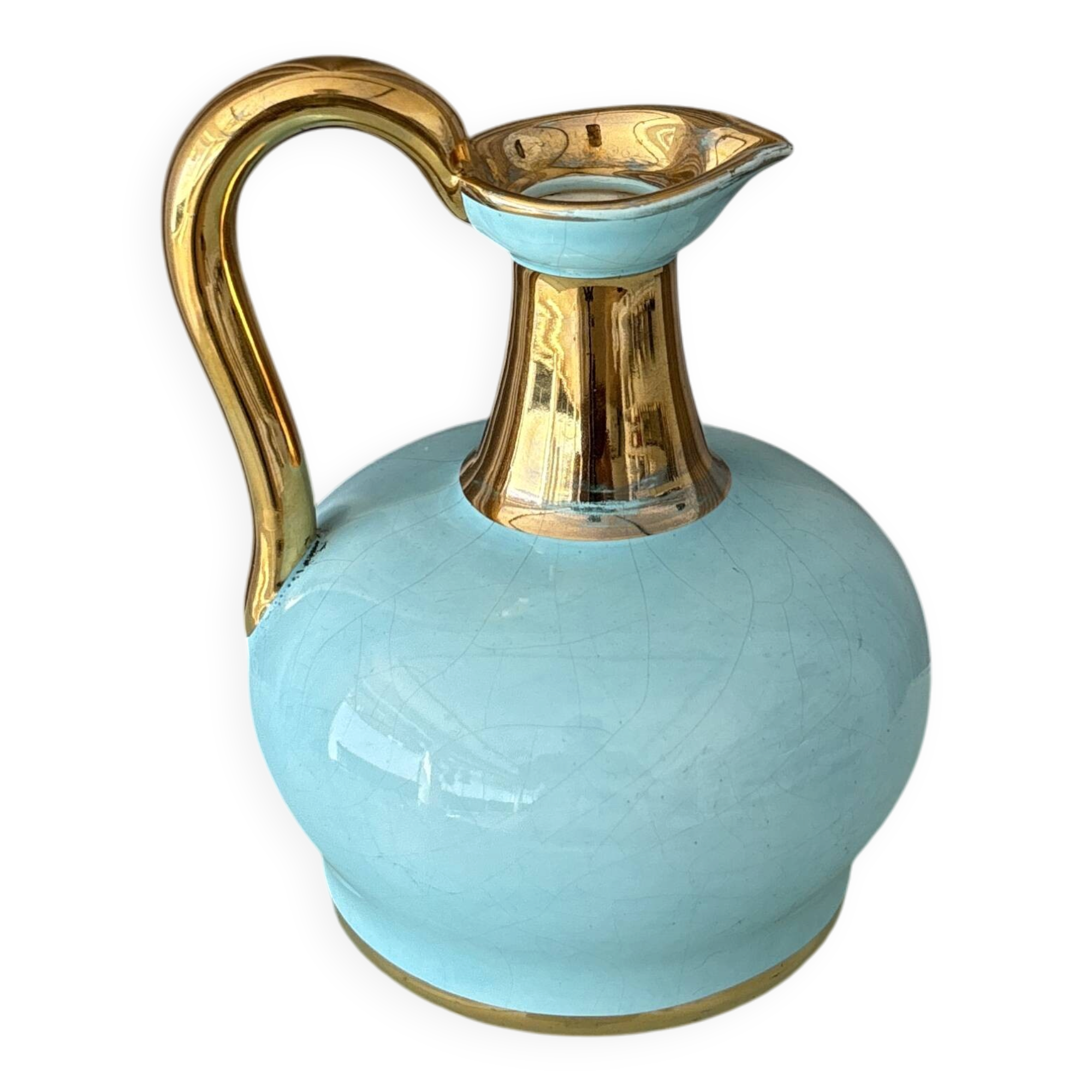 Vintage A. Bayer Belgium Turquoise Crackle Ceramic Jug with Gold
