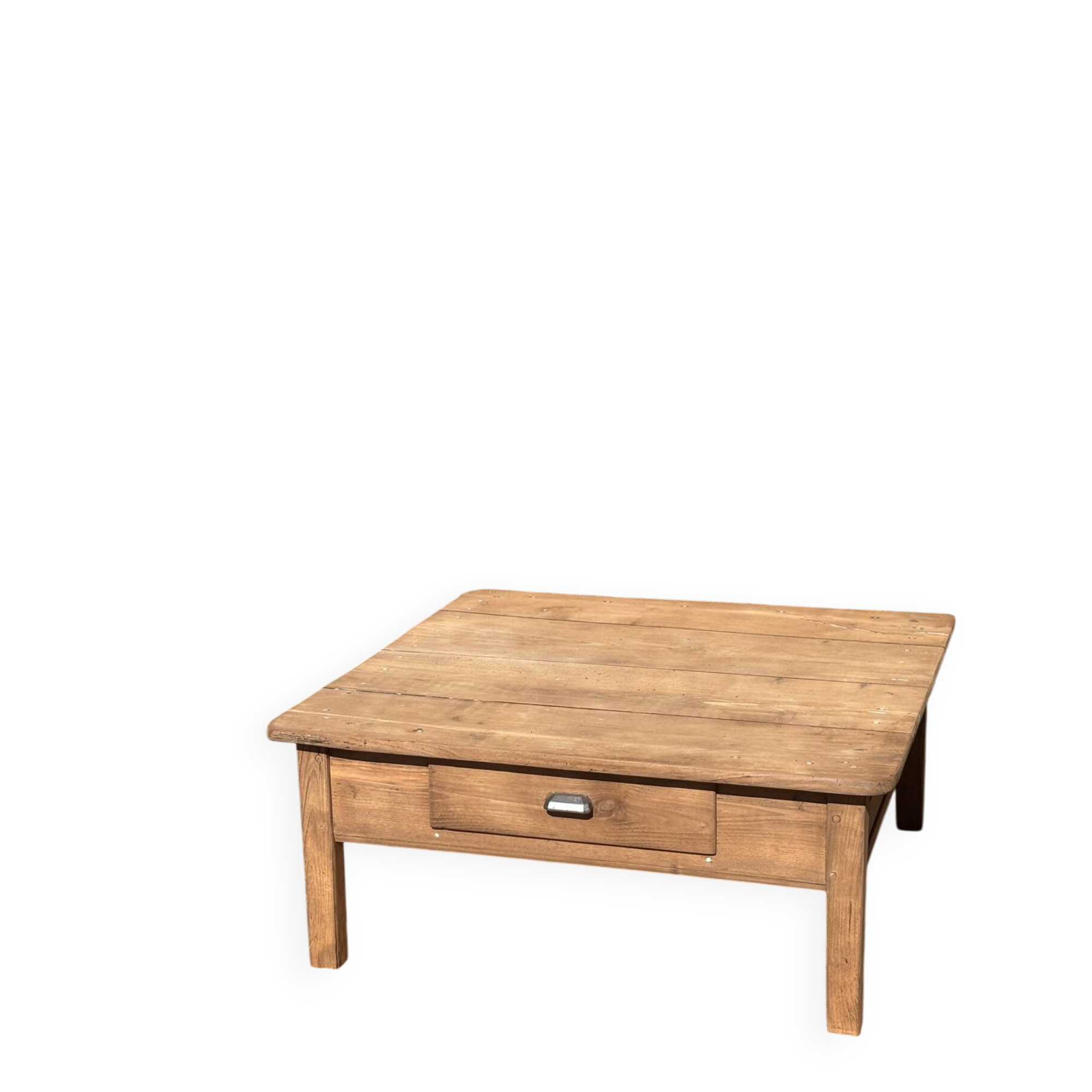 Large square farmhouse coffee table made of raw solid oak.