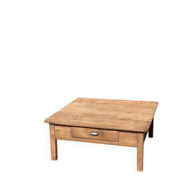 Grande table basse de ferme carrée ancienne en chêne massif brut 
