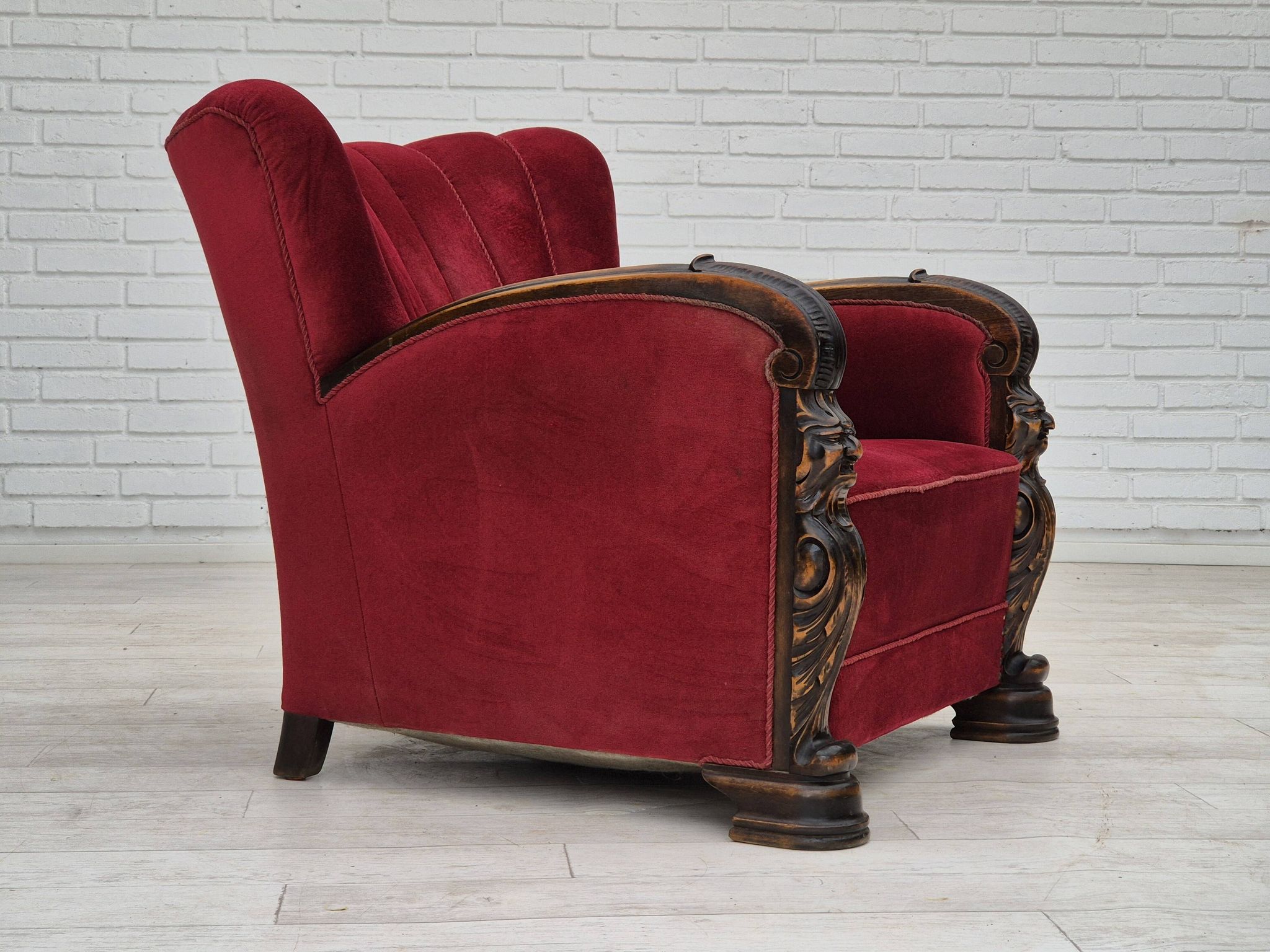 1950s, Danish armchair with footstool, furniture velour, ash wood.