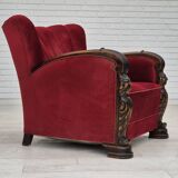 1950s, Danish armchair with footstool, furniture velour, ash wood.