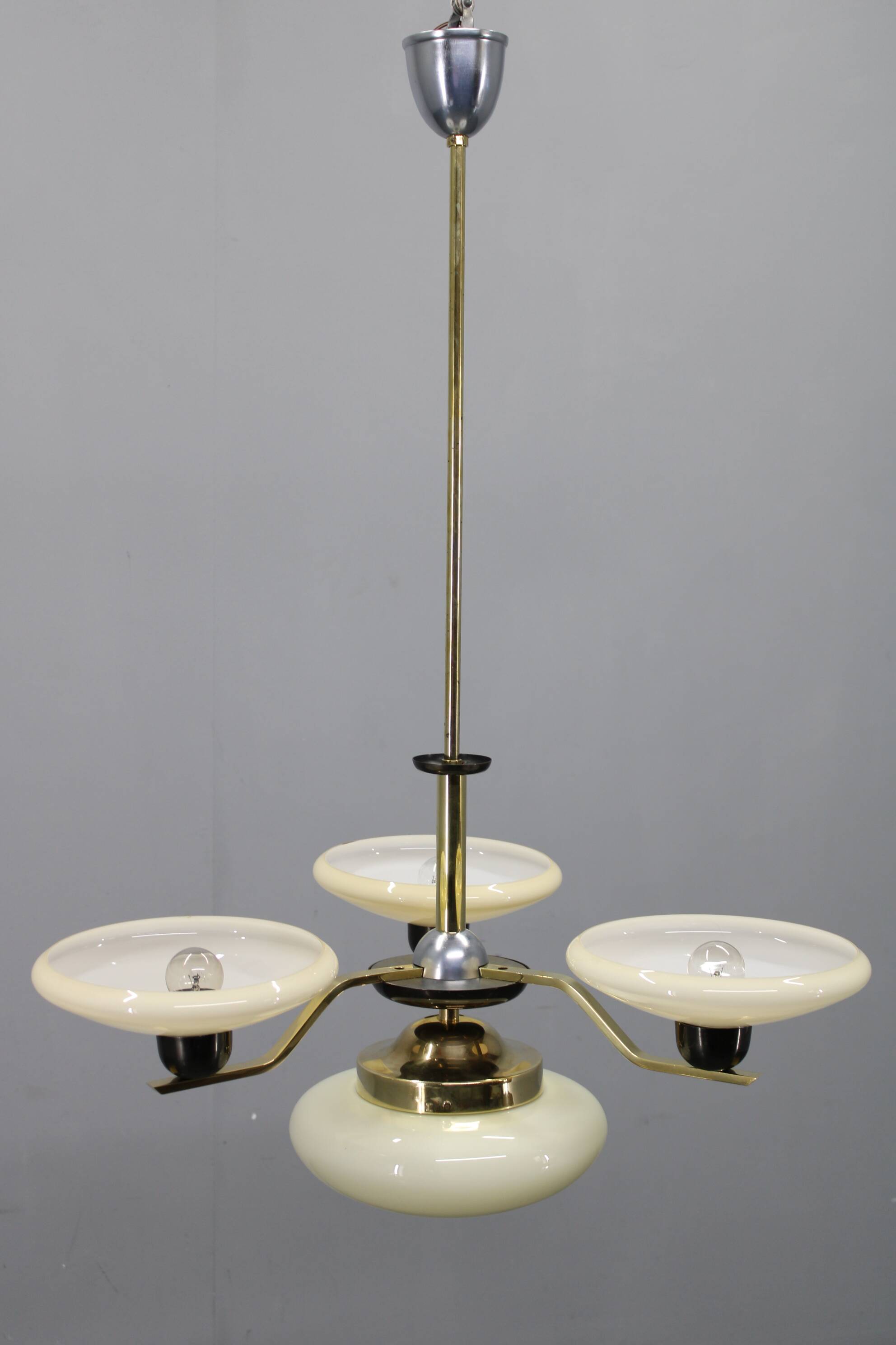 Art Deco brass and aluminum chandelier with cream glass, Czechoslovakia 1930s