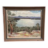 Huile sur panneau originale suédoise "Lac" par E. Nordgren 49, vintage et encadrée 54×46cm