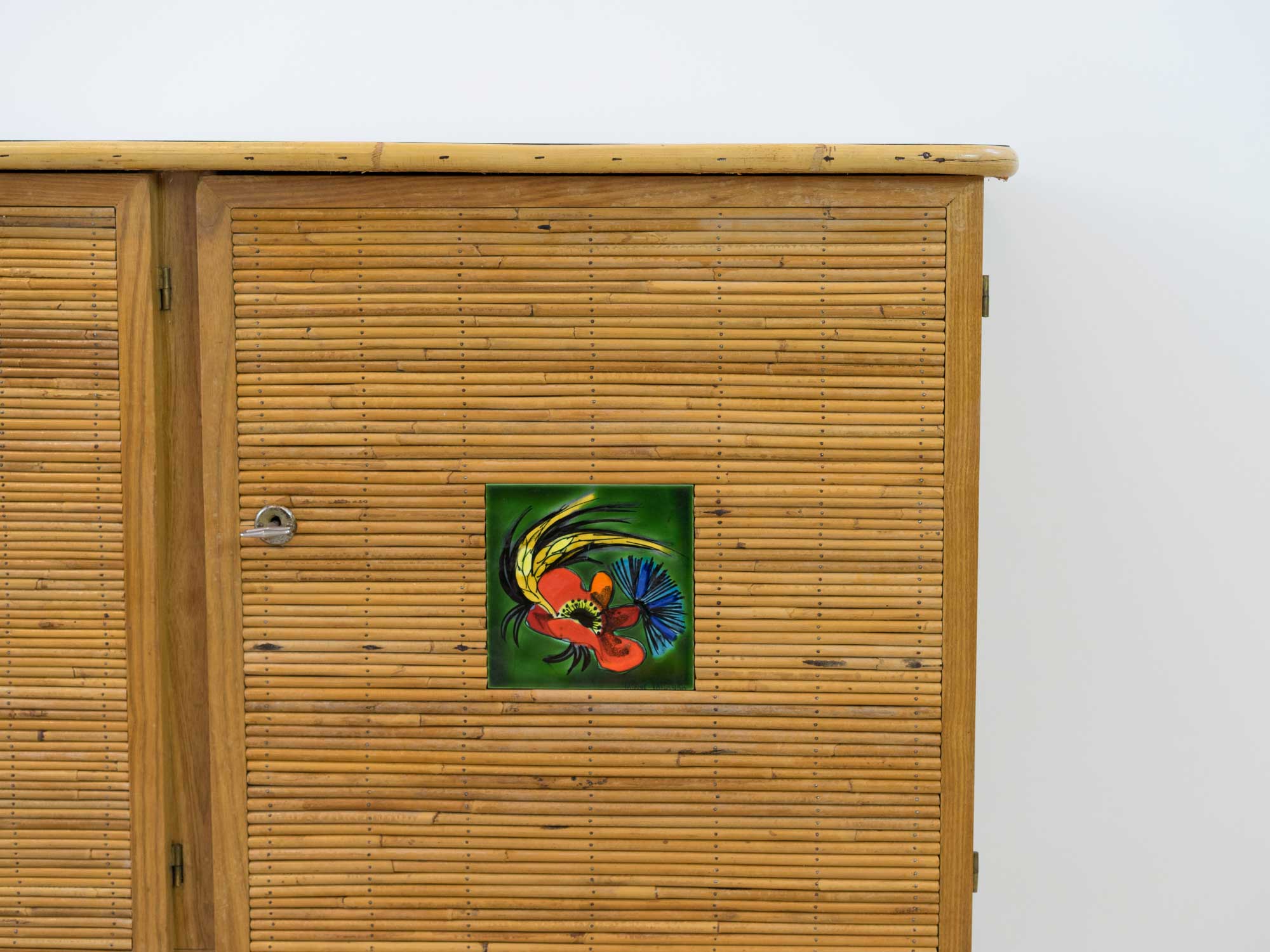 Rattan sideboard, Vallauris tiles, 1950s