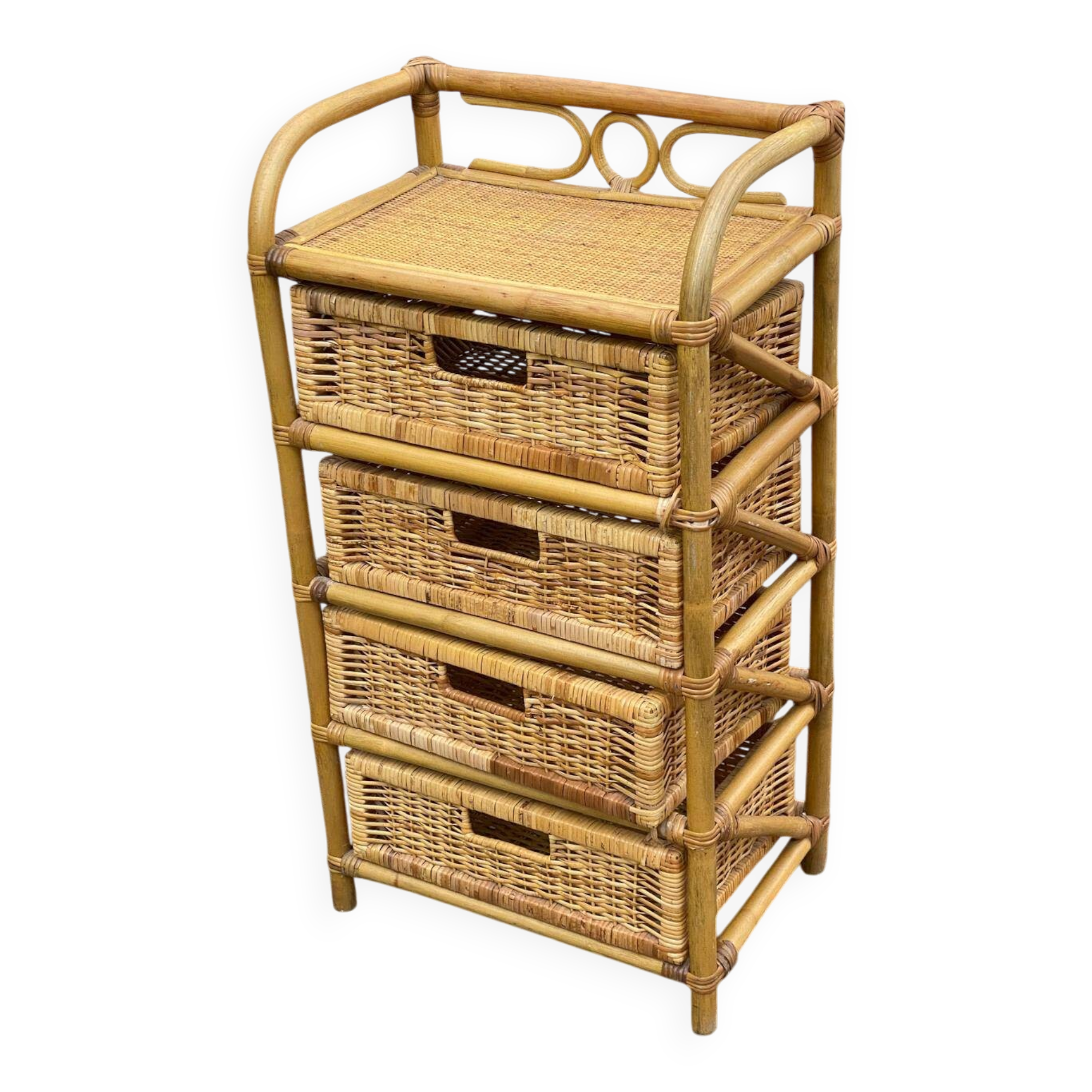 Vintage bamboo and woven rattan chest of drawers with 4 drawers.