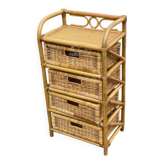 Vintage bamboo and woven rattan chest of drawers with 4 drawers.