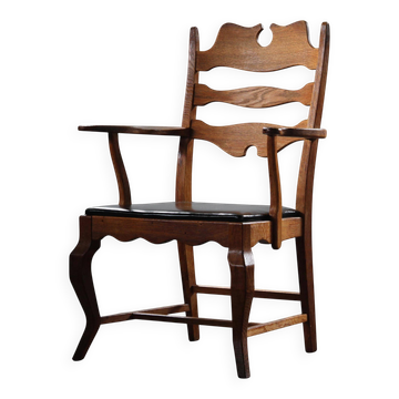 Vintage 60s Brutalist Solid Oak Razorblade Black Leather Armchair by H. Kjæ