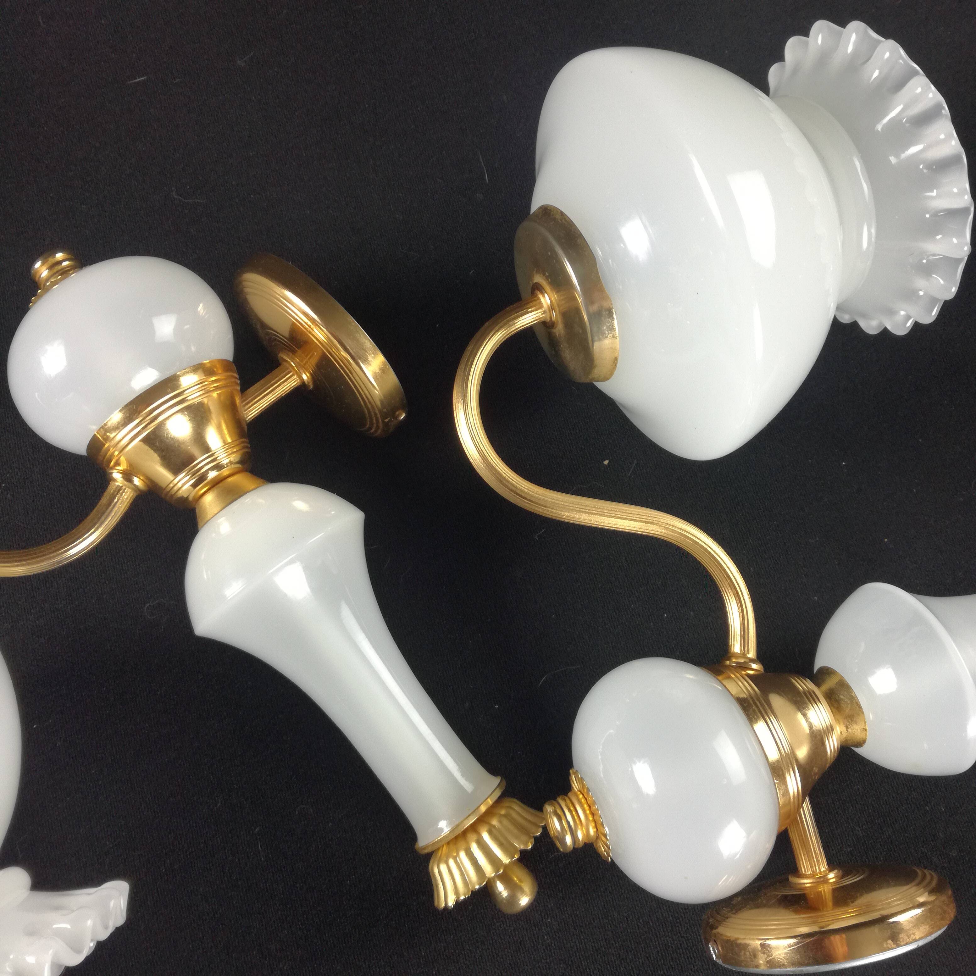 2 wall lights in gold metal and milky glass, swan neck