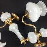 2 wall lights in gold metal and milky glass, swan neck