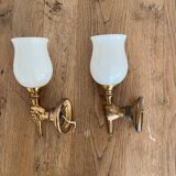 Set of 2 golden, bronze and brass torch wall lights