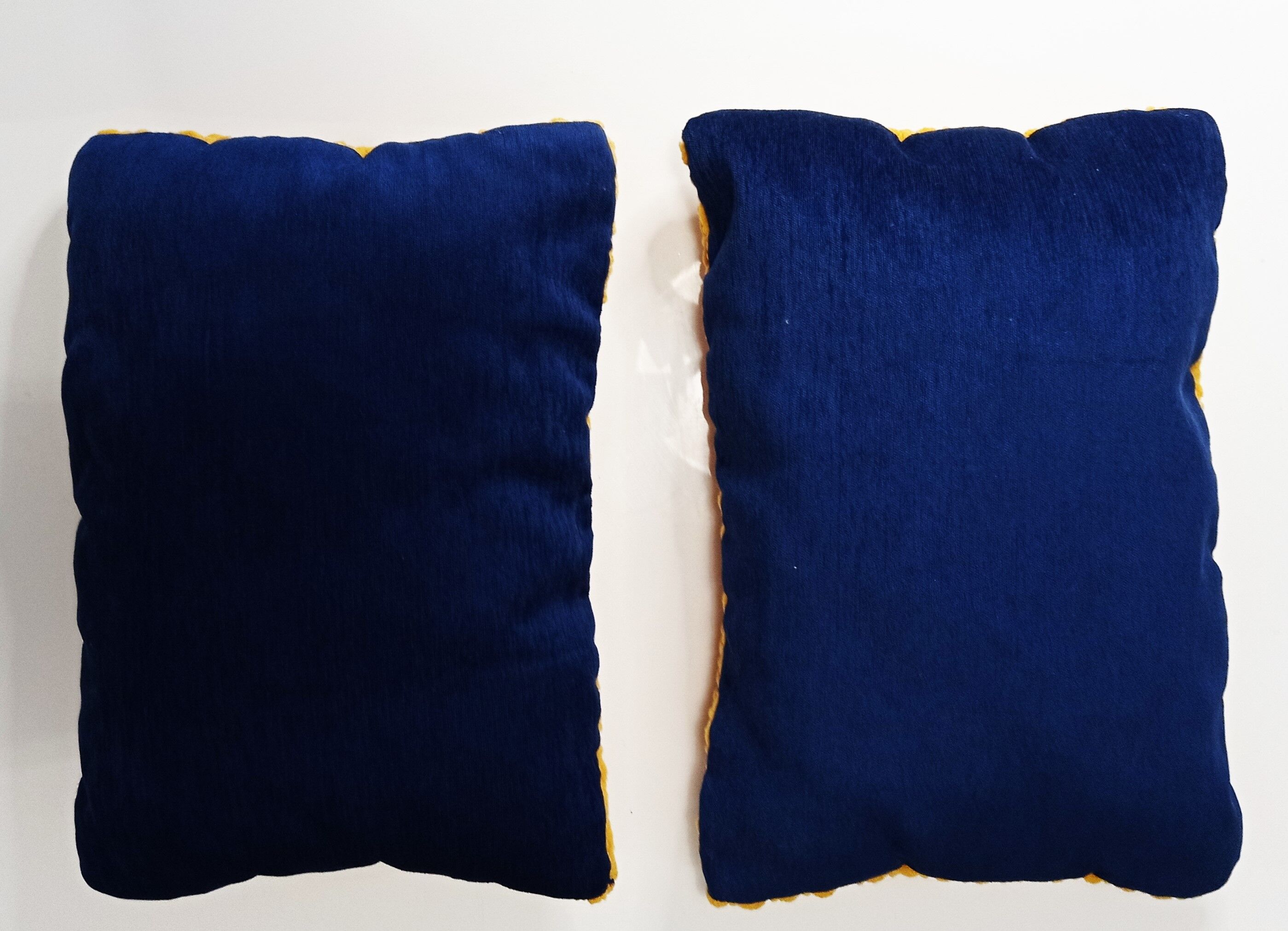 Pair of mustard and ultramarine blue chenille rectangle cushions