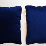 Pair of mustard and ultramarine blue chenille rectangle cushions