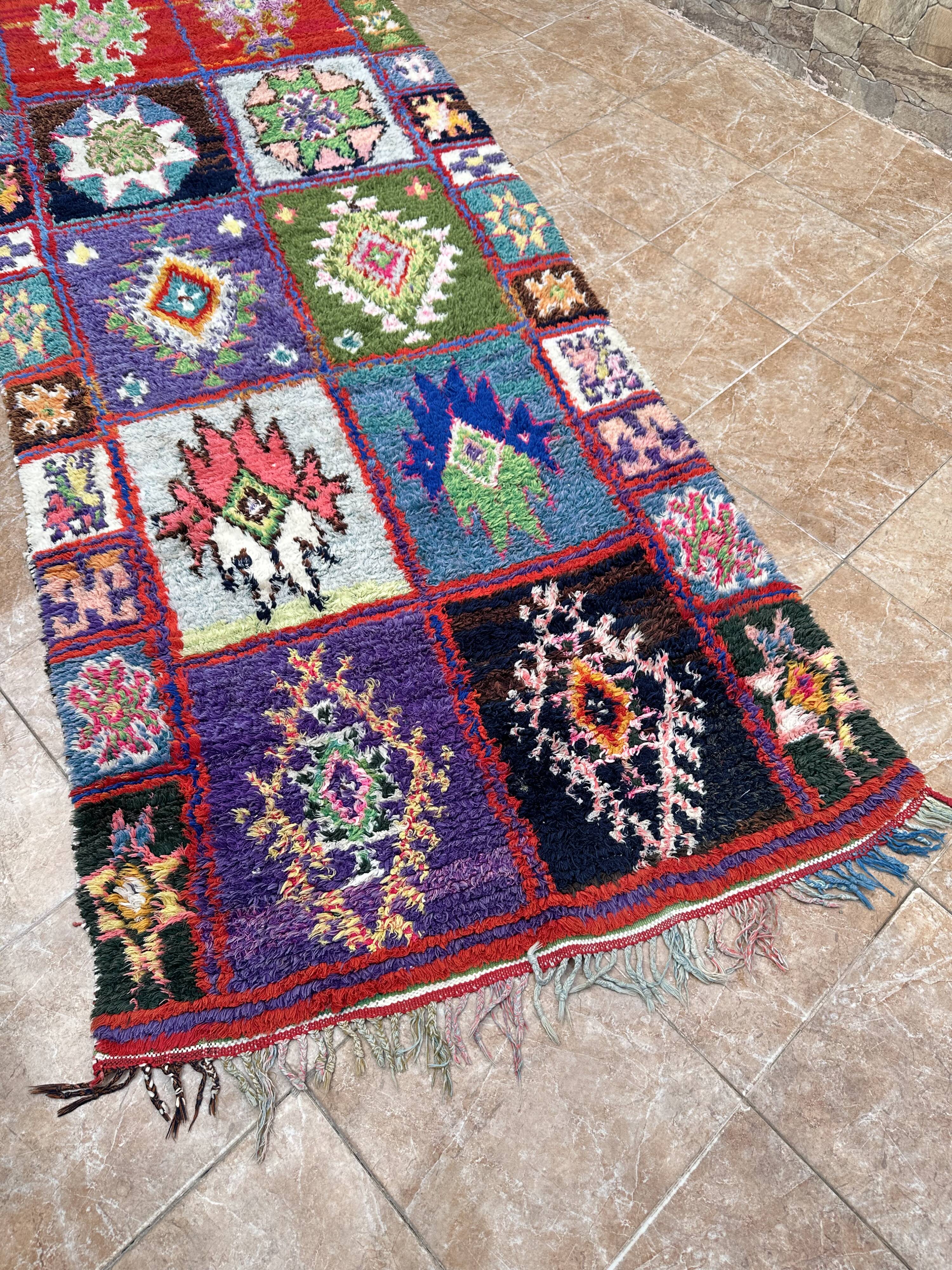 Vintage Boucherouite hallway rug: handwoven Berber rug.