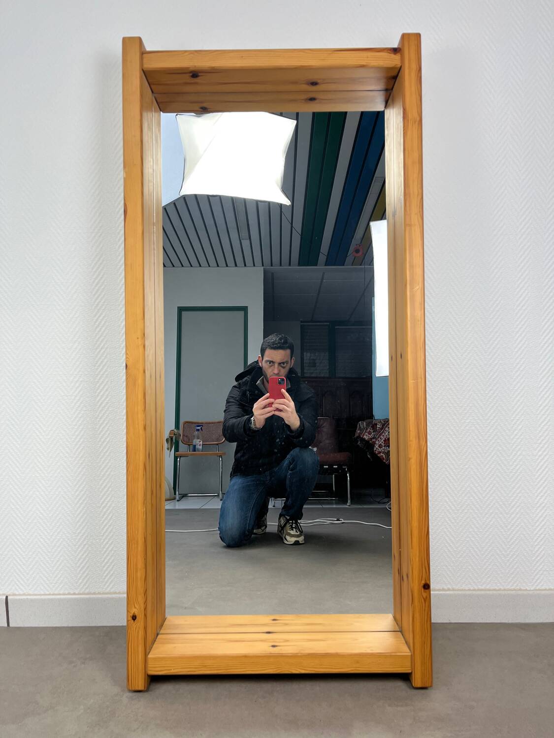 Brutalist XL mirror, solid pine, chalet style.