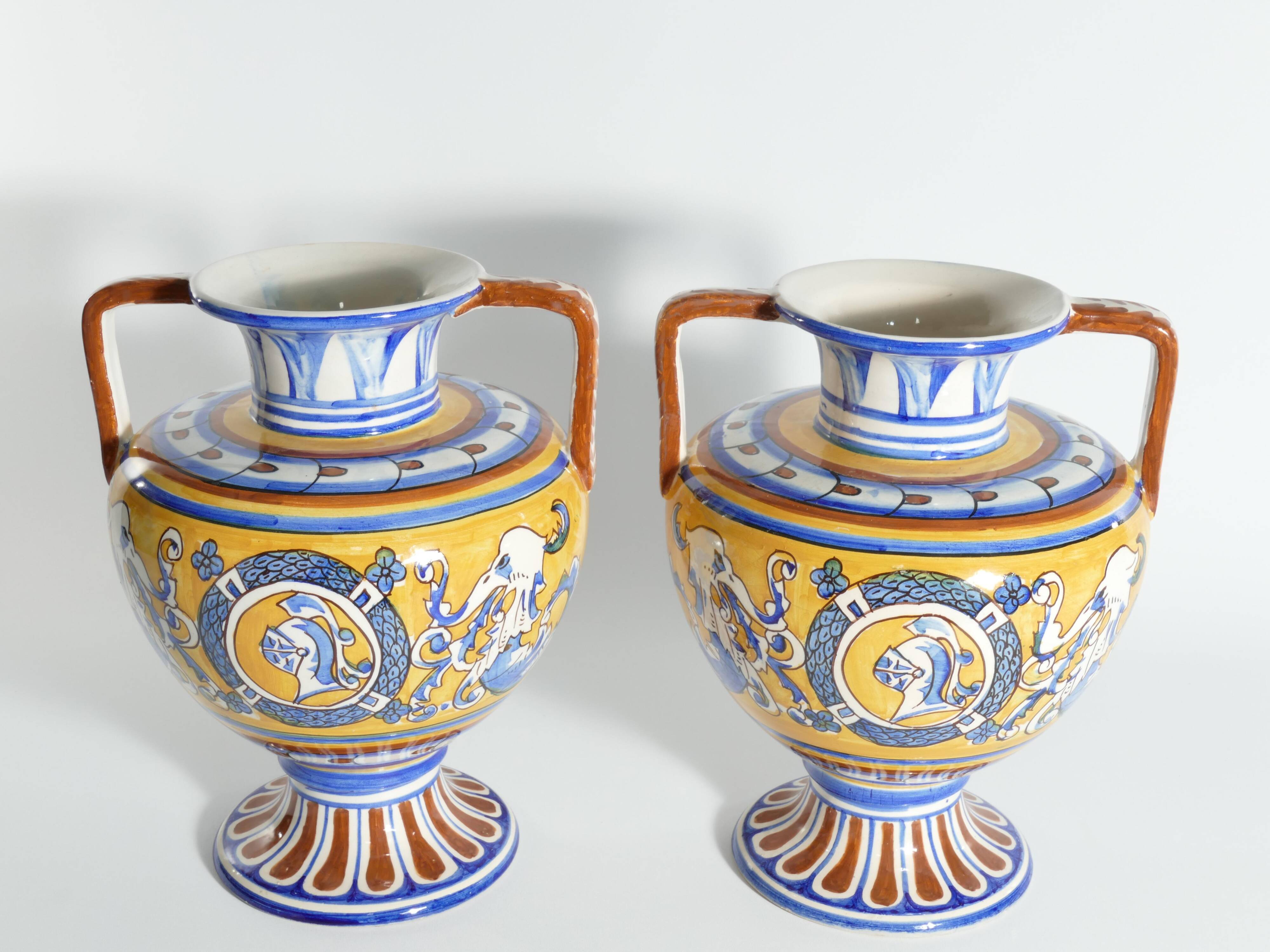 Large Hand-Painted Ceramic Double Handled Vases,  France, Set of 2