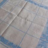 White and sky blue damask tablecloth and 10 towels