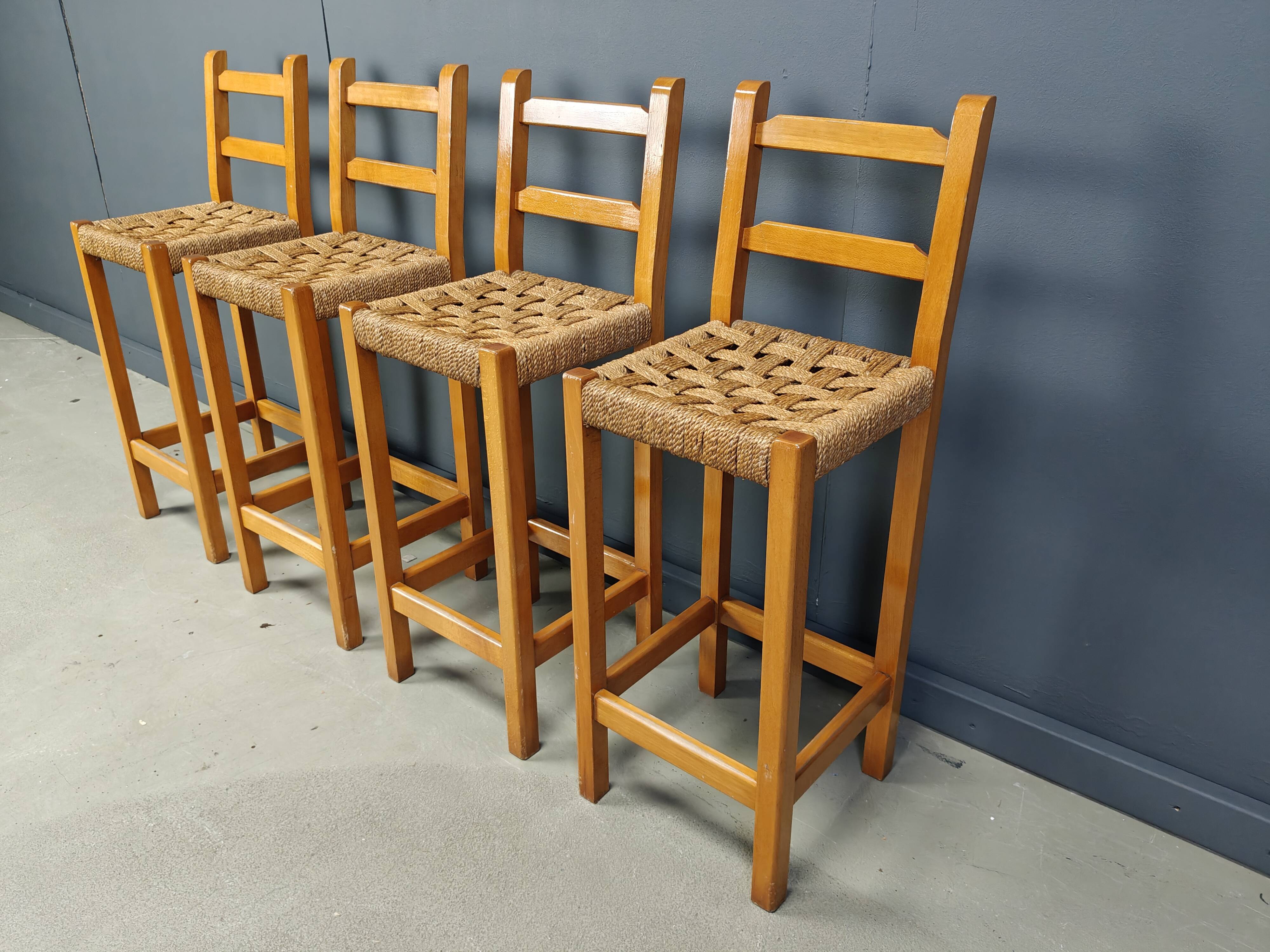 Vintage oak and papercord bar stools, 1960s