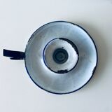 Antique candle holder in white and blue enamelled metal