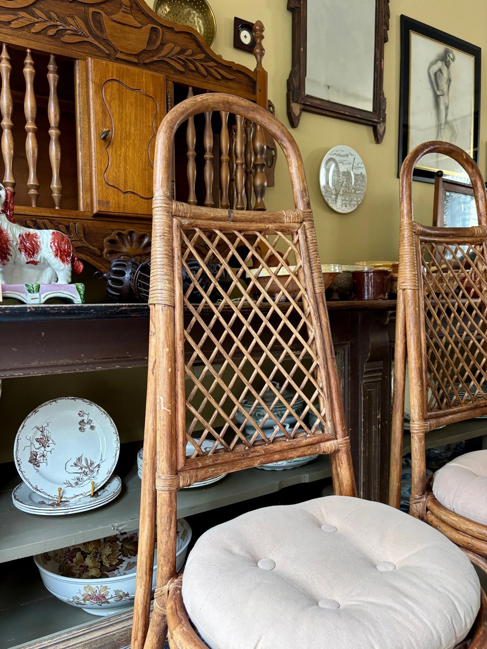 4 bent bamboo and rattan chairs