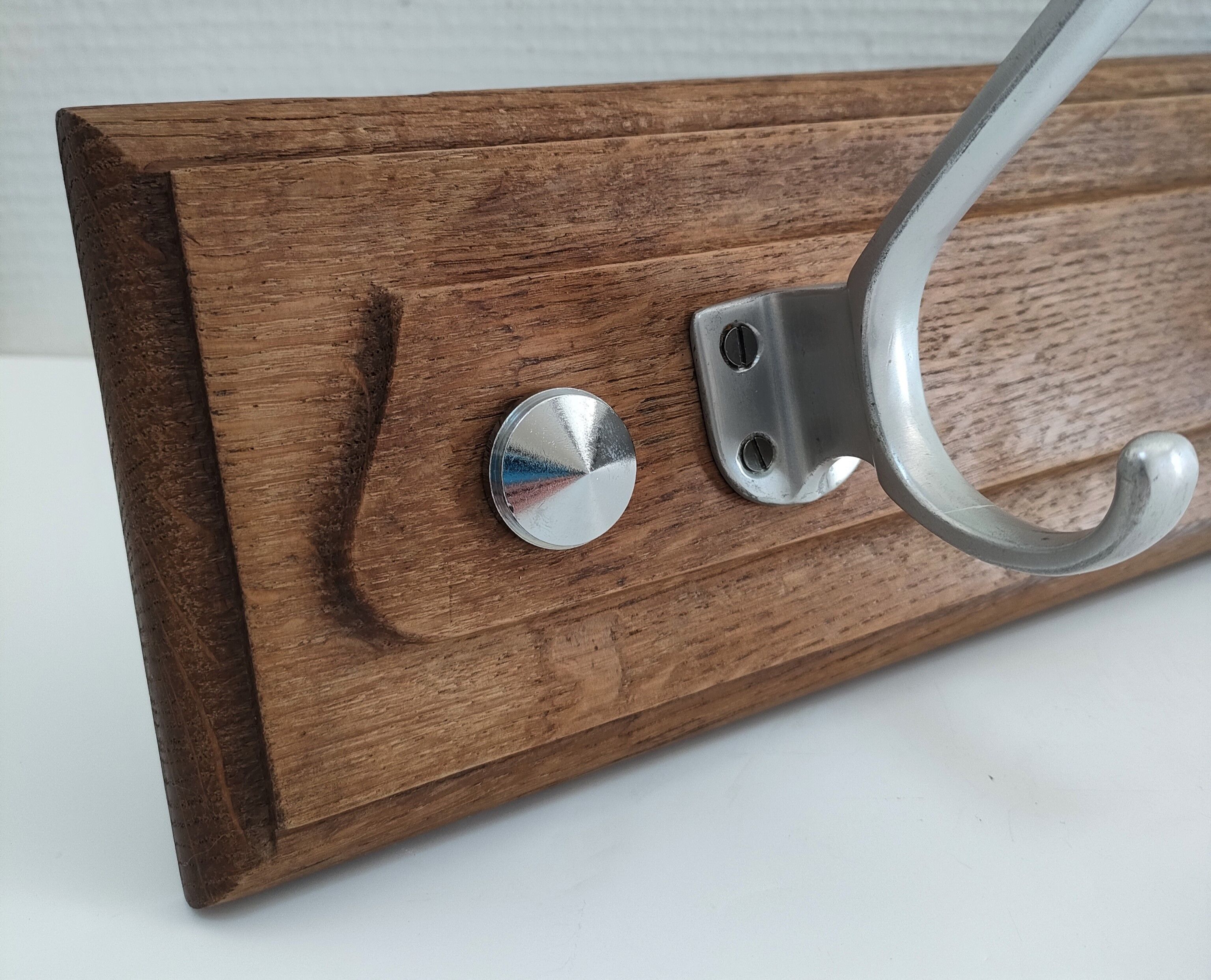Patinated solid oak coat rack and vintage aluminum hooks