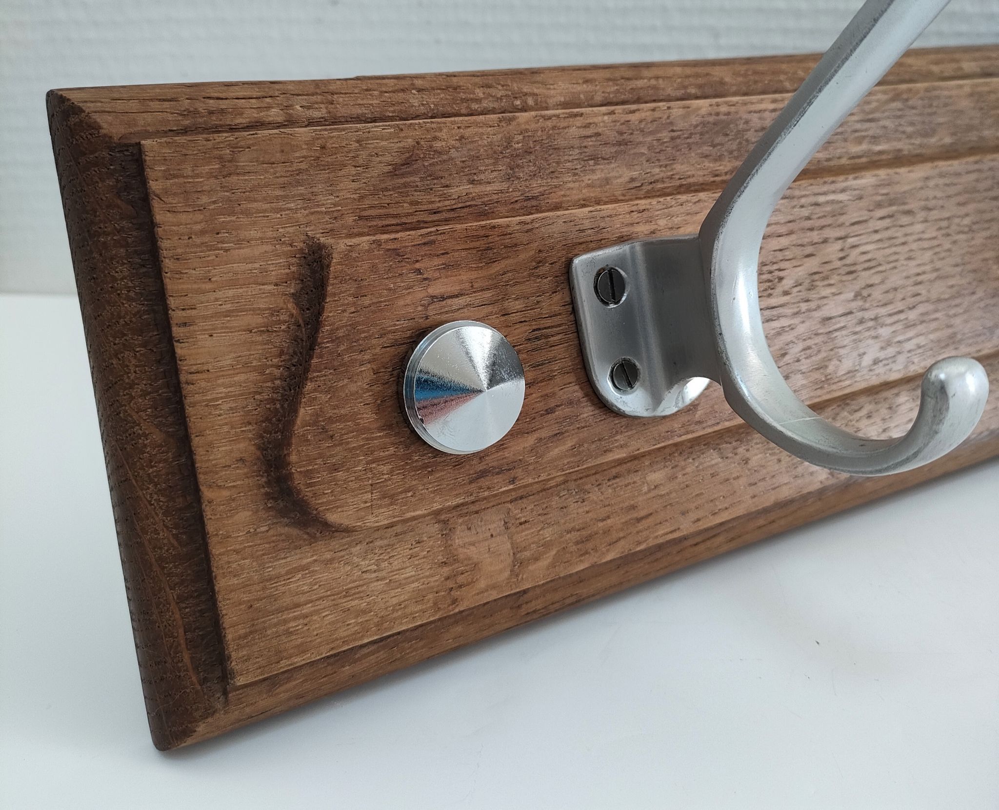 Patinated solid oak coat rack and vintage aluminum hooks