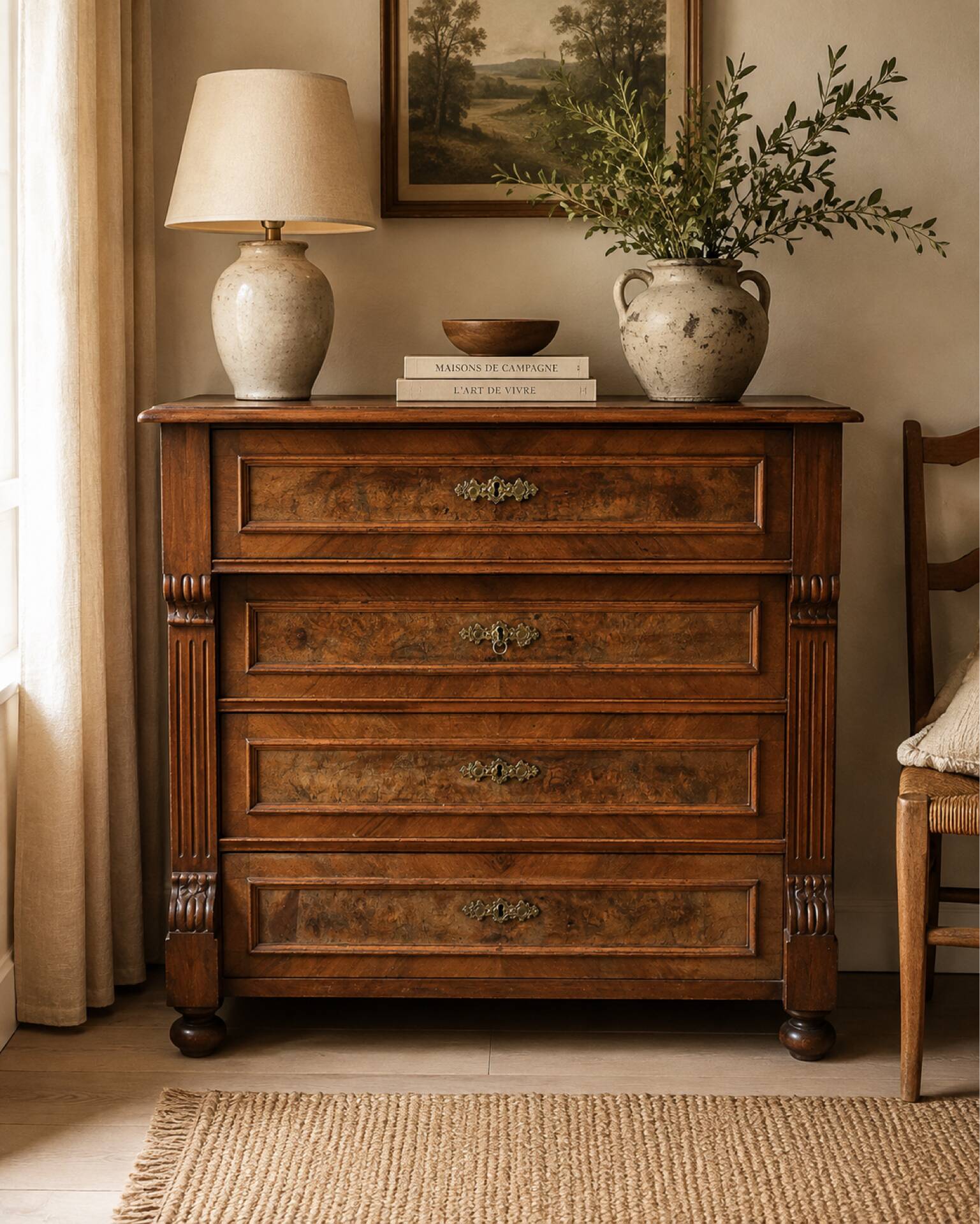 Commode ancienne 4 tiroirs style Louis-Philippe Bois et ronce de Noyer