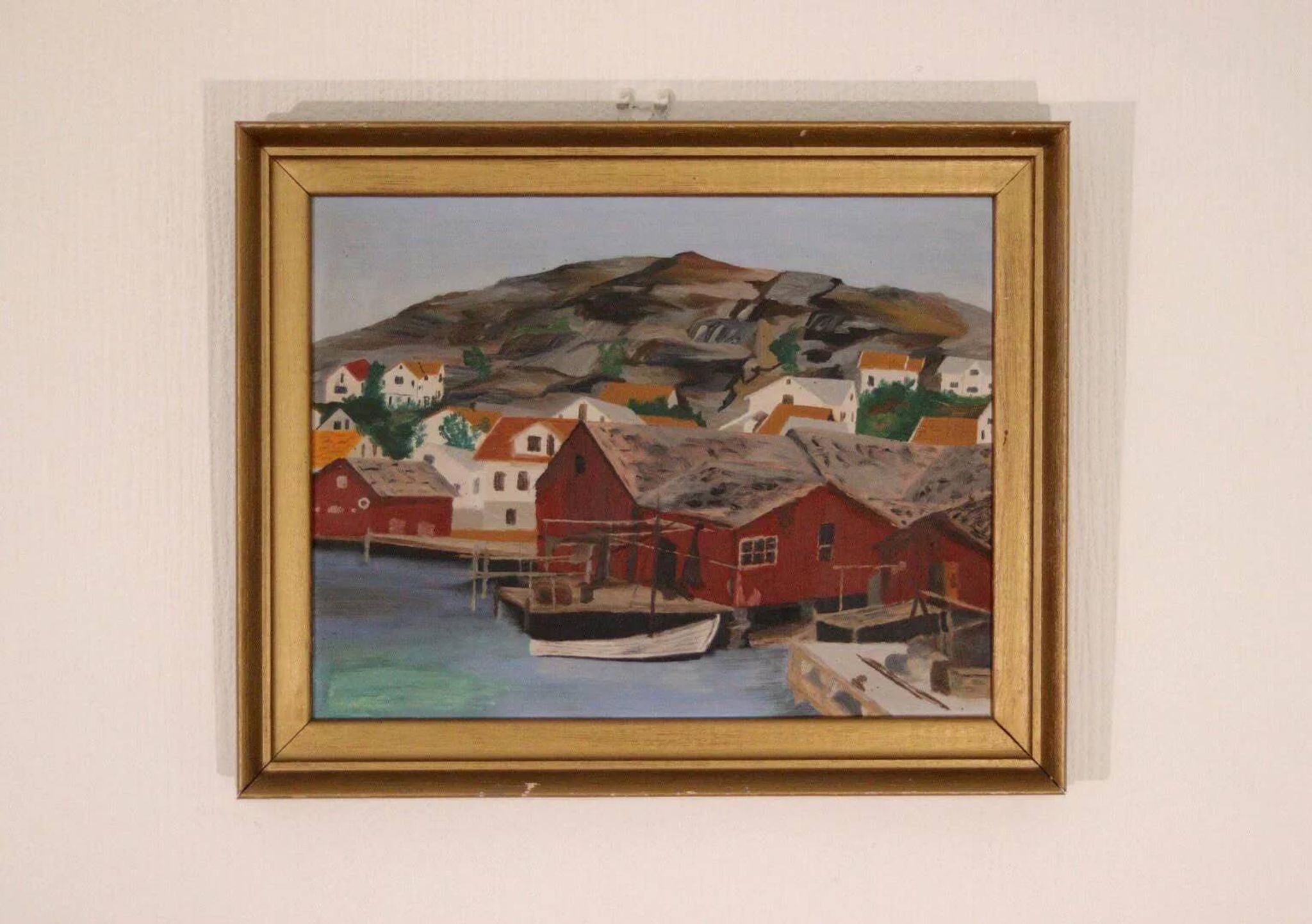 Huile sur panneau suédoise originale du milieu du siècle – ville côtière