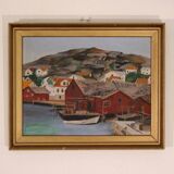 Huile sur panneau suédoise originale du milieu du siècle – ville côtière