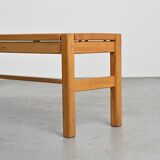 Table and two benches set in solid elm, France, circa 1980