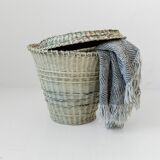 Grand panier à linge vintage des années 1990 avec couvercle, fabriqué à la main en papier journal tressé, rangement au design éco unique, décoration rustique, idée cadeau
