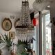 Antique hot air balloon chandelier in brass and crystal, 3 lights, 1920s